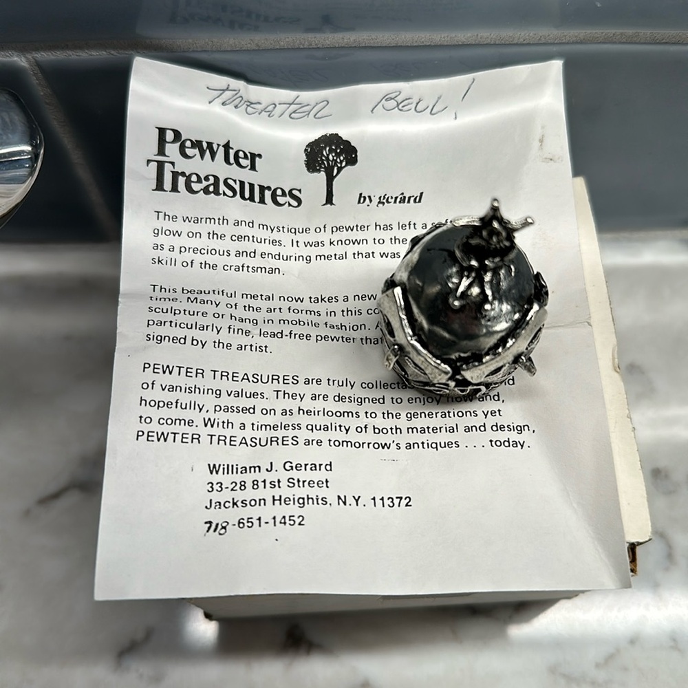 Vintage 80's Pewter Bell with Theater Mask Motif & Authentication Card by Gerard